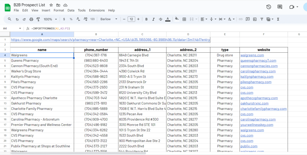 Get a list of businesses phone numbers, using Google Sheets